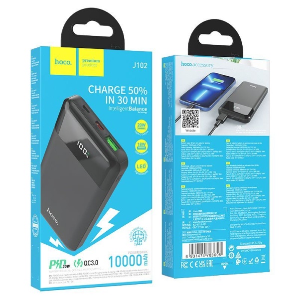 Портативное зарядное устройство HOCO J102 Cool figure 10000 мАч Выходной ток:USB1-QC3.0-18Вт, черный