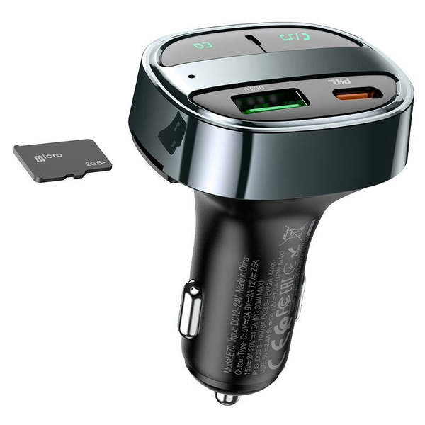 FM трансмиттер HOCO E70 12/24В, USB автомобильный, Bluetooth 5,0, Type-C-PD30Вт, USB1-QC3.0-18Вт, US