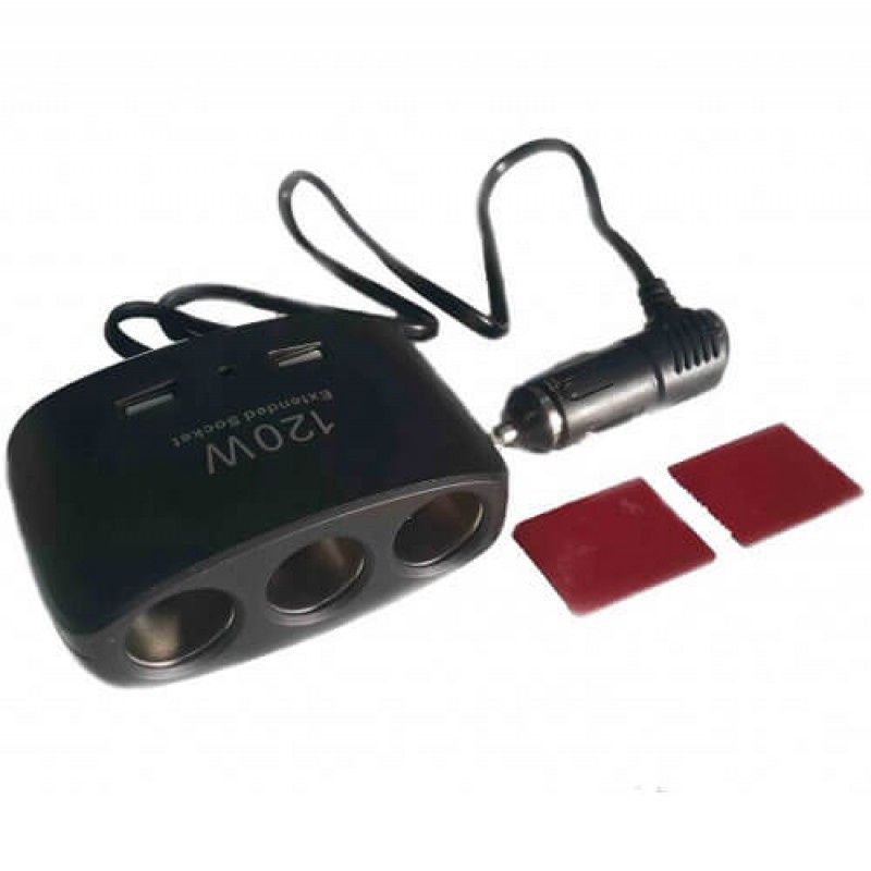Переходник для прикуривателя OLESSON 1511 на 3 гнезда(120W) + 2 USB(5V/1000mA), на шнуре до 0,6 м