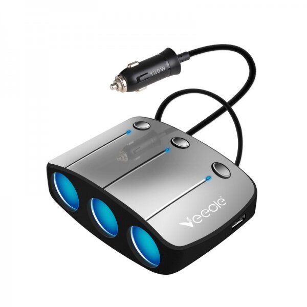 Переходник для прикуривателя VEECLE KY-548 напряжение: 12-24В, на 3 гнезда + 2 USB(5V/2000mA), на шн
