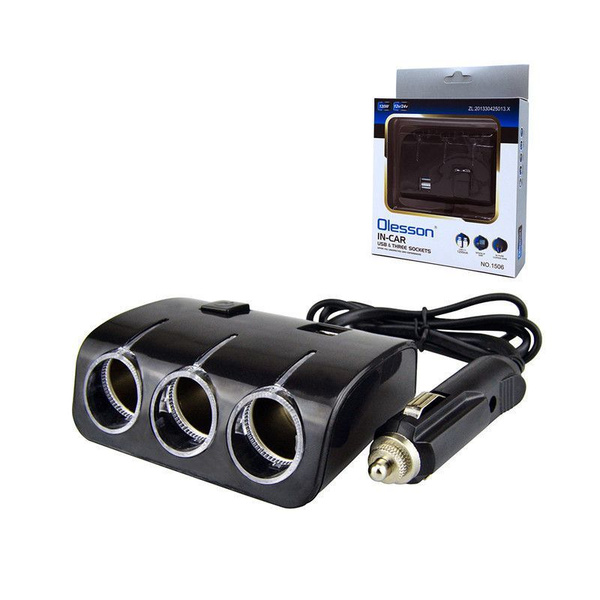 Переходник для прикуривателя OLESSON 1506 на 3 гнезда(120W) + 2 USB(5V/1200mA), на шнуре до 0,6 м