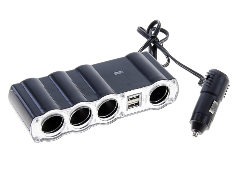 Переходник для прикуривателя OLESSON WF-4008 на 4 гнезда + 2USB(5V/1000mA), на шнуре до 0,6 м