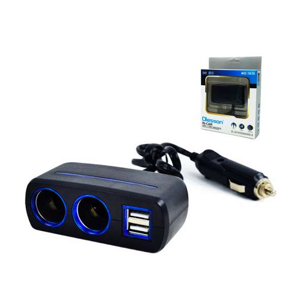 Переходник для прикуривателя OLESSON 1638 на 2 гнезда(120W) + 2 USB(5V/1000mA), на шнуре до 0,6 м
