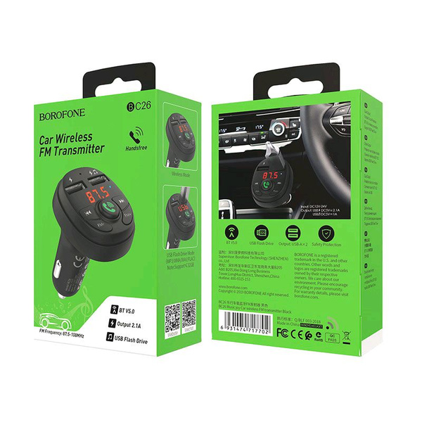 FM трансмиттер Borofone BC26 Music joy 12-24В, USB, автомобильный, Bluetooth 4.2, USB зарядка 2100 m