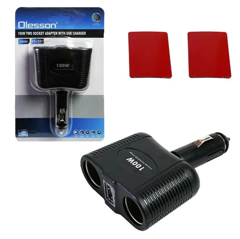 Переходник для прикуривателя OLESSON 1646 на 2 гнезда(100W) + 1 USB(5V/1000mA)