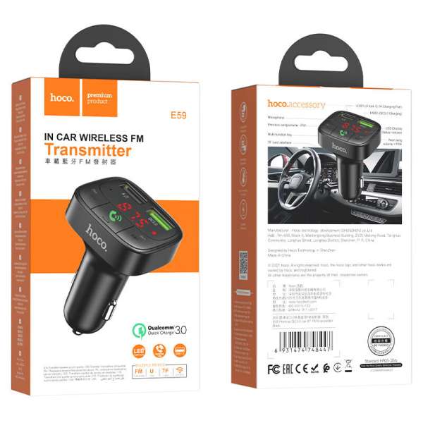 FM трансмиттер HOCO E59 Promise 12/24В, USB/microSD, автомобильный, Bluetooth 5,0, USB1-2,4А, USB2-Q