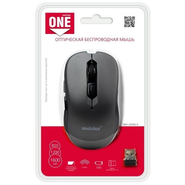 Мышь беспроводная SmartBuy SBM-200AG-K USB Optical (800/1200/1600 dpi) черная, 5 кнопок+колесо-кнопк