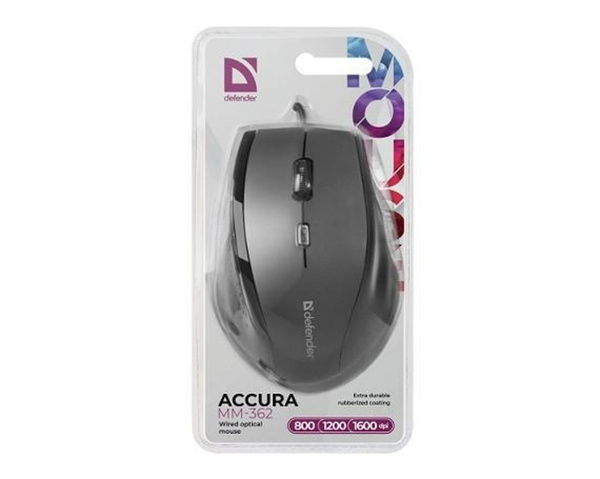 Мышь Defender Accura MM-362 USB Optica (800-1600dpi) черная, 5 кнопок+колесо-кнопка, сверхпрочное пр
