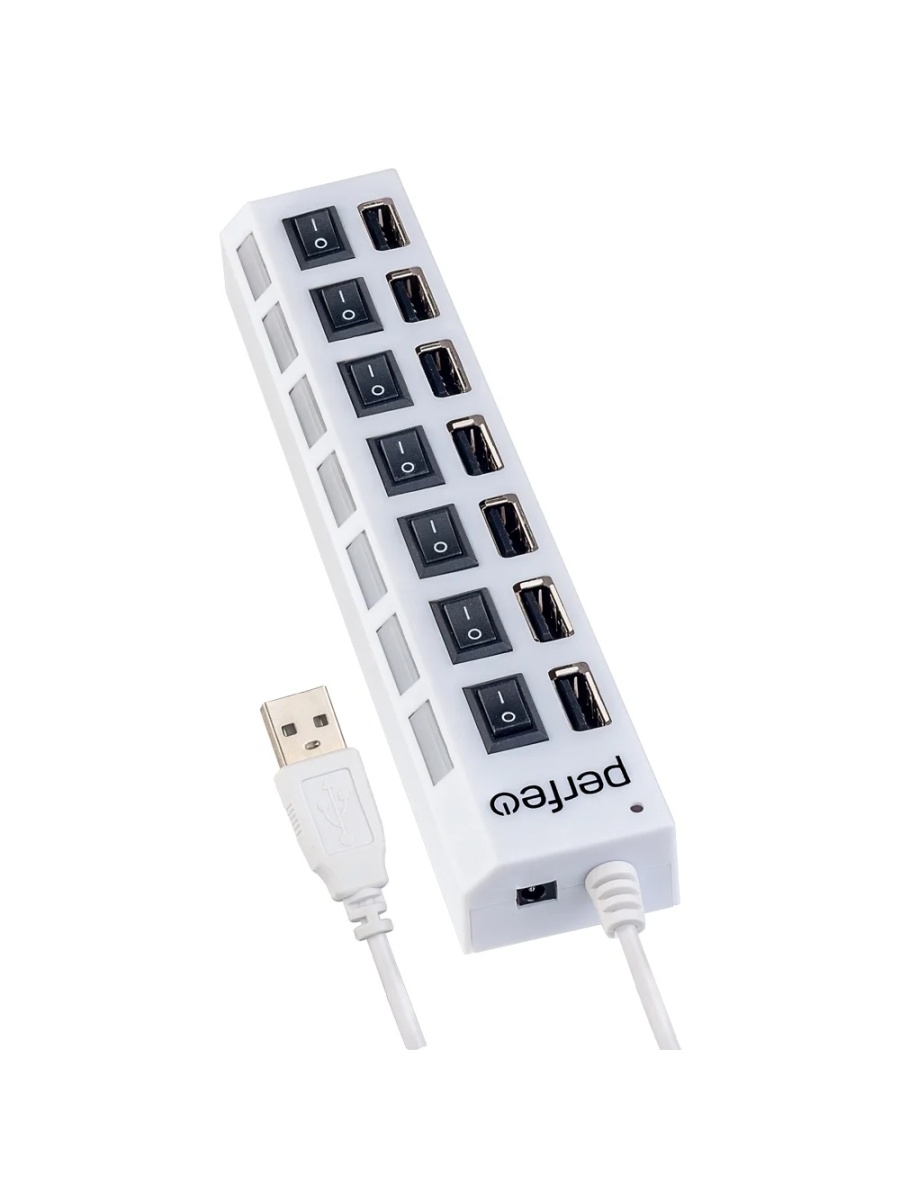 Концентратор USB (HUB) Perfeo PF-C3224/PF-H033 7 портов, выключатель на каждый разъем, White