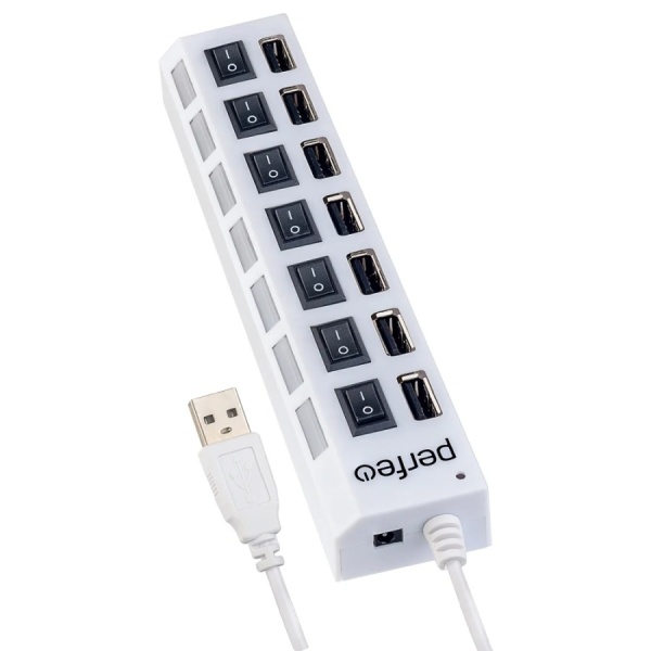 Концентратор USB (HUB) Perfeo PF-C3224/PF-H033 7 портов, выключатель на каждый разъем, White