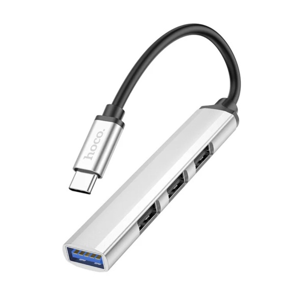 Концентратор USB (HUB) HOCO HB26 3 порта USB 2.0, порт USB 3.0, штекер Type-C, серый