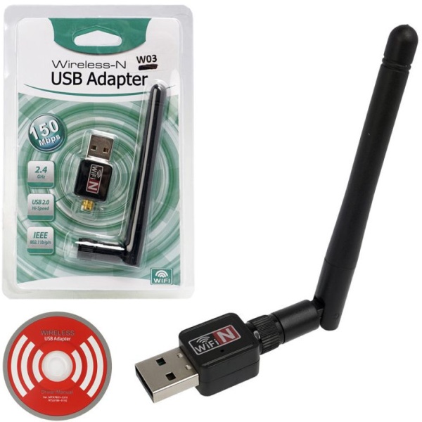Адаптер Wi-Fi - W03 MT7601 (A3010) 802.11b/g/n, 150 Mb/s с антенной 2dbi, блистер