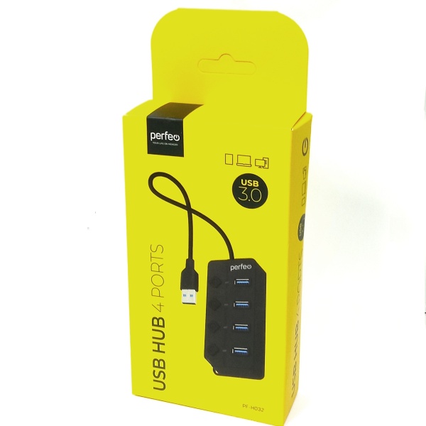 Концентратор USB (HUB) Perfeo PF-C3222/PF-H032 4 порта, USB 3.0, выключатель на каждый разъем, Black