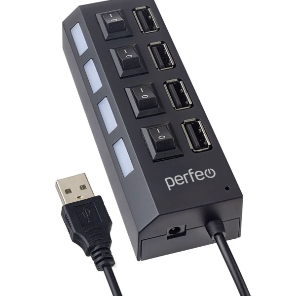 Концентратор USB (HUB) Perfeo PF-C3220/PF-H030 4 порта, выключател на каждом разьеме, Black