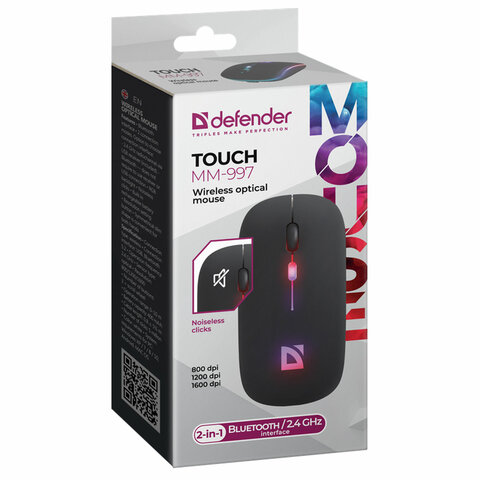 Мышь беспроводная Defender Touch MM-997 USB/Bluetooth 5,2 Optical (800/1200/1600 dpi) черный, 2 кноп