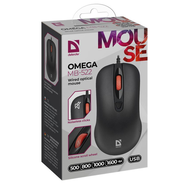 Мышь Defender Omega MB-522 USB Optical (500-1600dpi) черная, 3 кнопки+колесо-кнопка, блистер (52522)