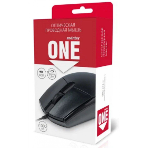Мышь SmartBuy SBM-212-K ONE USB Optical (1000dpi) черный, 2 кнопки+колесо-кнопка коробка
