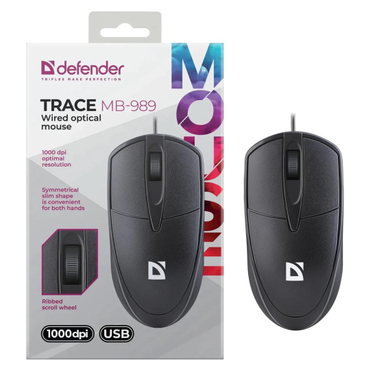 Мышь Defender MB-989 Trace USB Optical (1000 dpi) черная, 2 кнопки+кнопка-колесо, длина кабеля 1,2 м
