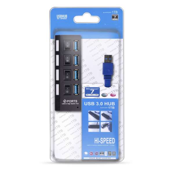Концентратор USB (HUB) SmartBuy SBHA-7304-B USB 3.0, 4 порта, с выключателями, блистер, черный