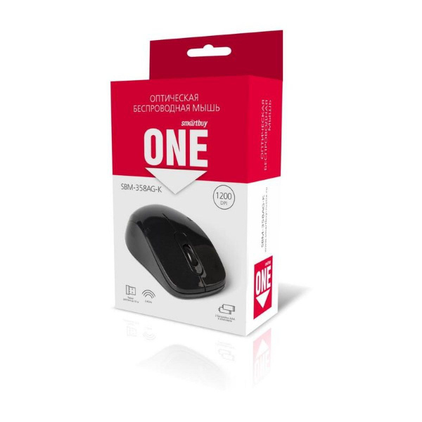 Мышь беспроводная SmartBuy SBM-358AG-K ONE USB Optical (1200 dpi) черная, 2 кнопки+кнопка-колесо, ко