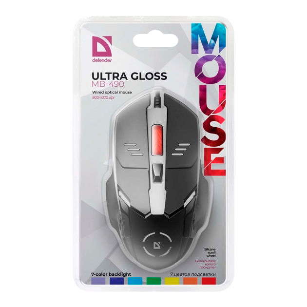 Мышь Defender Ultra Gloss MB-490 USB Optica (800-1000dpi) черная, 3 кнопки+колесо-кнопка, 7 цветов п
