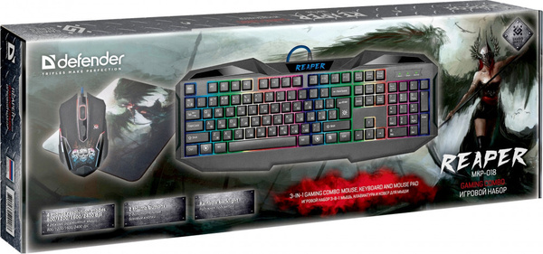 Игровой набор Defender "Reaper" MKP-018 RU мышь(800/1200/1600/2400 dpi)+клавиатура+ковер(280х230х3 м