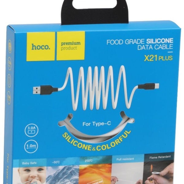 Кабель Type-C HOCO X21 Plus Fluorescent длина 1м, ток до 3А, огнестойкий пищевой силикон, флуоресцен