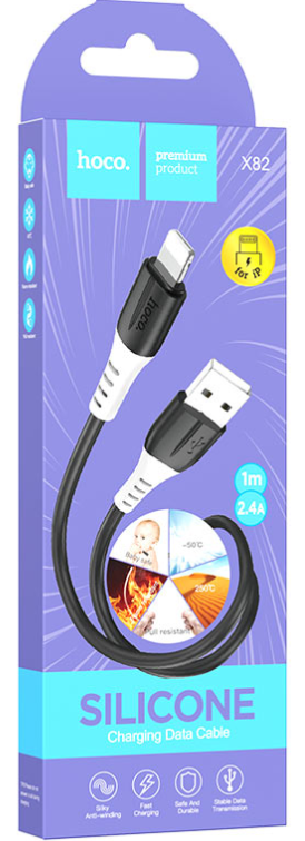 Кабель iPhone 5 HOCO X82 длина 1м, ток до 2,4А, огнестойкий пищевой силикон, коробка, черный