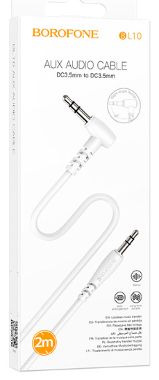 Кабель Jack 3.5 штекер-штекер Borofone длина 2м, угловой разьем, коробка белый BL10