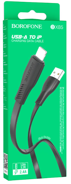 Кабель iPhone 5 Borofone BX85 Auspicious длина 1м, ток до 2,4А, плоский, коробка, черный