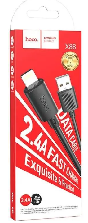 Кабель iPhone 5 HOCO X88 длина 1м, ток до 2,4А, коробка, черный