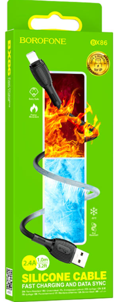 Кабель iPhone 5 Borofone BX86 Advantage длина 1м, ток до 2,4А, огнестойкий пищевой силикон, черный,