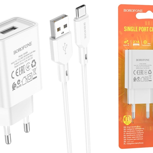 СЗУ Borofone BA68A Glacier 1хUSB, 2,1А, кабель Type-C, блистер, белый