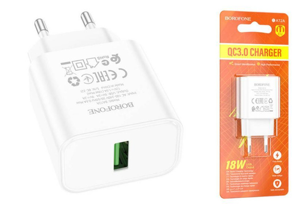 СЗУ Borofone BA72A Spring 1хUSB, 3А, QC3.0, блистер, белый