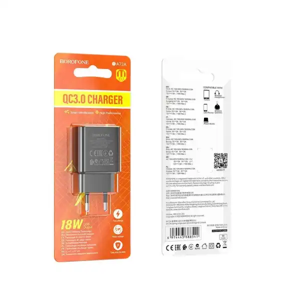 СЗУ Borofone BA72A Spring 1хUSB, 3А, QC3.0, блистер, черный
