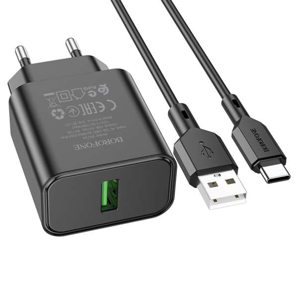 СЗУ Borofone BA72A Spring 1хUSB, 3А, QC3.0, кабель Type-C, блистер, черный