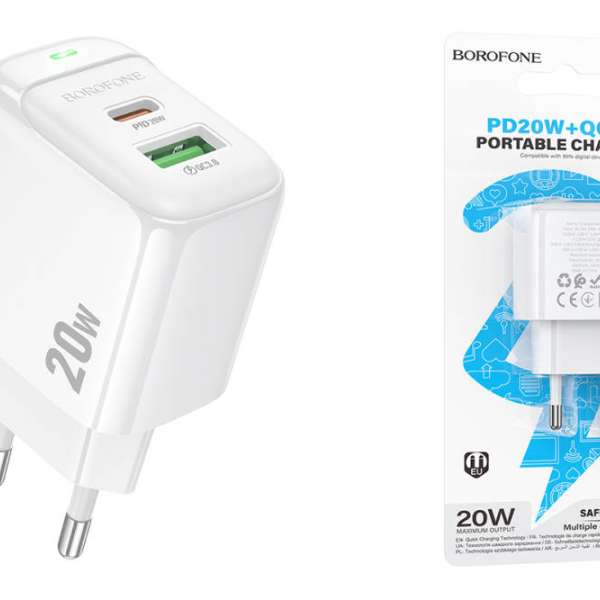 СЗУ BOROFONE BN10 1xUSB, 1xUSB-C, QC3.0, PD65W, 3A (белый)