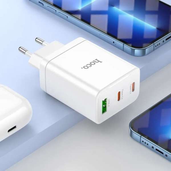 Зарядное устройство 2 Type-C, USB HOCO N33, Start, 35Вт, QC3.0, PD3.0, цвет: белый
