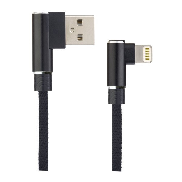 Кабель iPhone 5 Perfeo I4315 длина 1м, ток до 2,4А, угловые штекера, нейлон, металл, коробка, черный