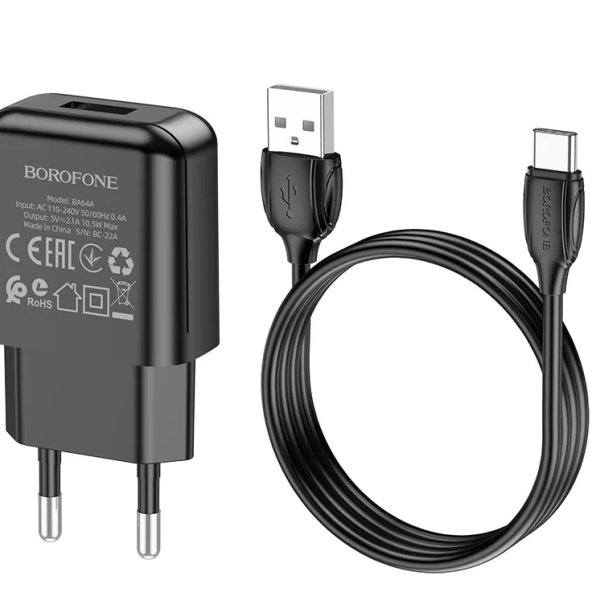СЗУ Borofone BA64A 1хUSB, 2,1А, кабель Type-C, блистер, черный