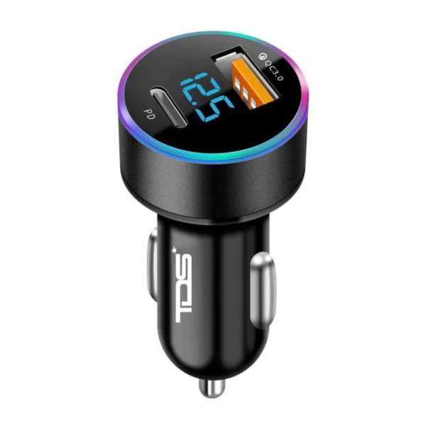 Автомобильное зарядное устройство TDS TS-CAU70 12-24В USB-QC3.0 + Type-C-PD20Вт, вольтметр, длина 6,
