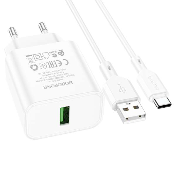 СЗУ Borofone BA72A Spring 1хUSB, 3А, QC3.0, кабель Type-C, блистер, белый