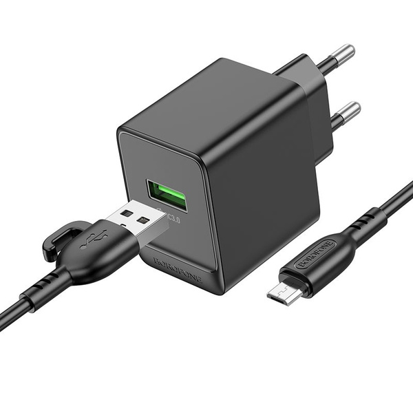 СЗУ Borofone BAS12A Erudite (04756) 1хUSB, 3А, QC3.0, кабель MicroUSB, блистер, черный