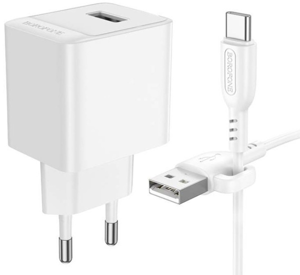 СЗУ Borofone BAS12A Erudite (04787) 1хUSB, 3А, QC3.0, кабель Type-C, блистер, белый