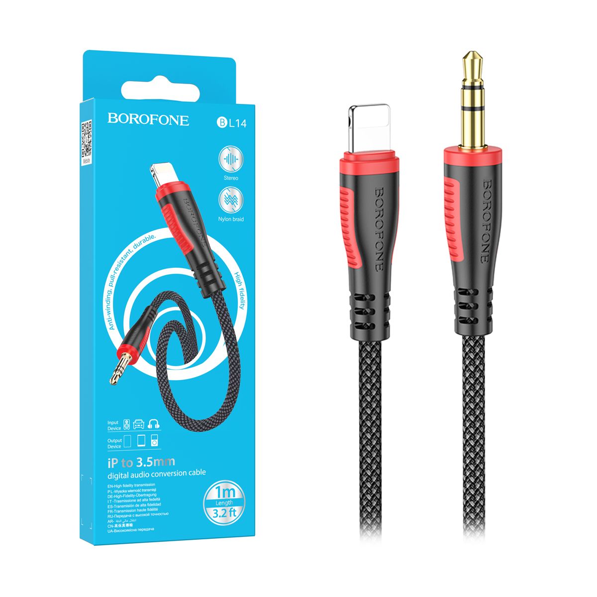 Кабель Borofone BL14 Lightning 8 pin штекер - Jack 3.5 штекер, нейлон, 1м, черный