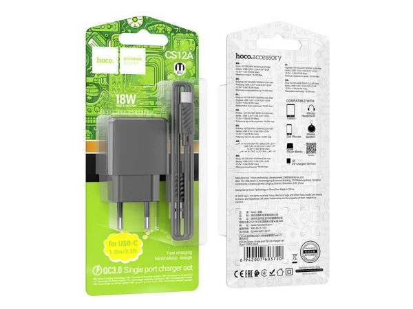 СЗУ HOCO CS12A Ocean 1хUSB, 3А, QC3.0, кабель Type-C, блистер, черный