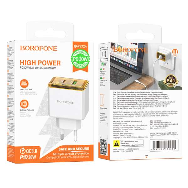 СЗУ Borofone BAS32A Treasure 1хUSB+TYPE-C, 3А, QC3.0, PD30, коробка, белый