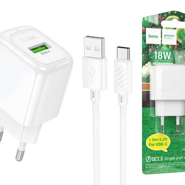 СЗУ HOCO CS52A Surplus 1хUSB, 3А, QC3.0, кабель Type-C, блистер, белый