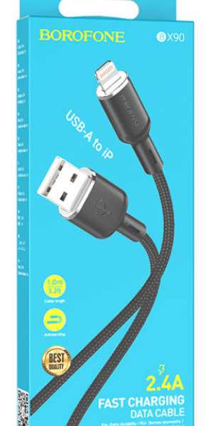 Кабель iPhone 5 Borofone BX90 длина 1м, ток до 2,4А, нейлон, коробка, черный