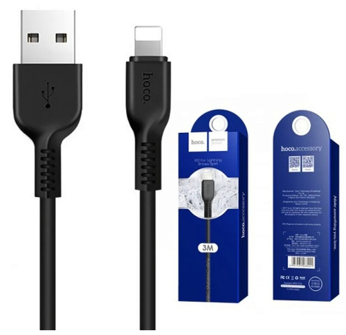 Кабель iPhone 5 HOCO X109 длина 3м, ток до 2,4А, огнестойкий пищевой силикон, коробка, черный